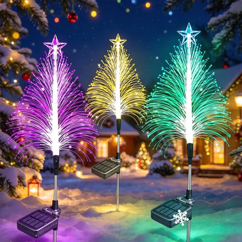 Solar Powered Five Point Star Light Outdoor Christmas Decoration Fiber Optic Lawn Stake for Yard Garden Home Glowing Party Decor