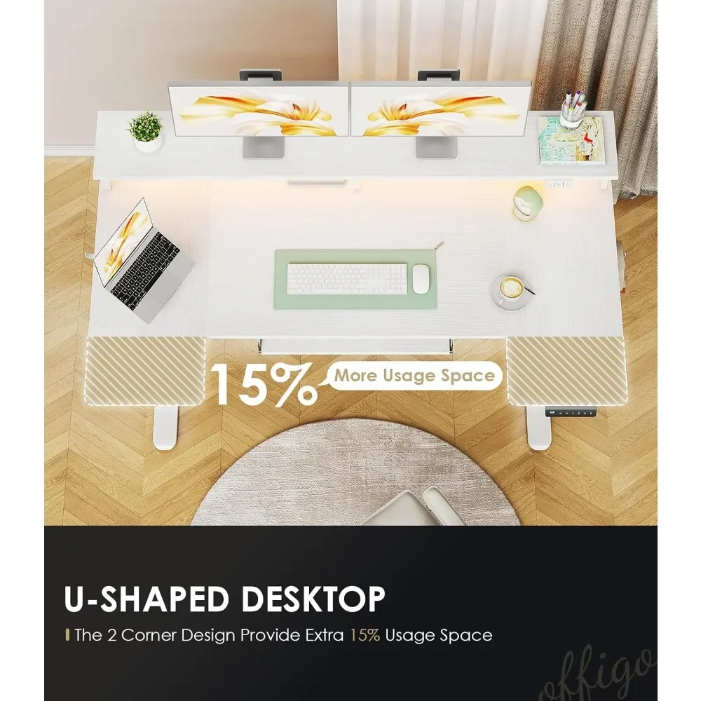 U Shaped Electric Standing Desk with Keyboard Tray, 55 Inch Height Adjustable Desk with Power Outlets & LED Lights, Customized