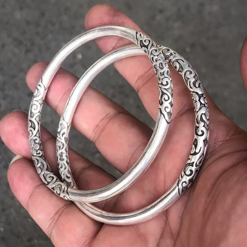 Vintage Curly Grass Pattern Gold Hoop Youth Style Solid Ancient Silver Plated Bracelet