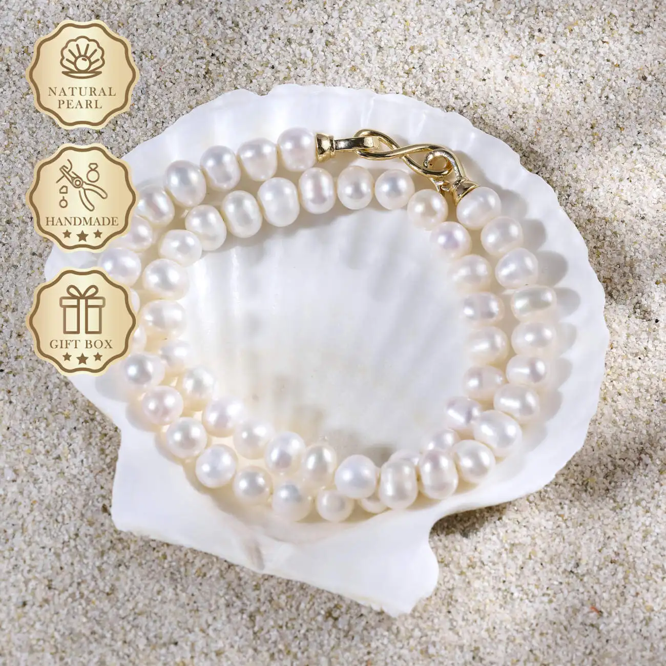 

MYSOYA White Freshwater Pearl Necklace 7–8mm with Gold Infinity Clasp, Gift Box, Ideal Birthday & Anniversary Gift