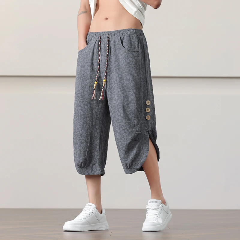 

Men’s Harem Pants Casual Baggy Calf-Length Pants Male Printed Cotton Linen Vintage Streetwear Loose Men Jogging Sweatpants
