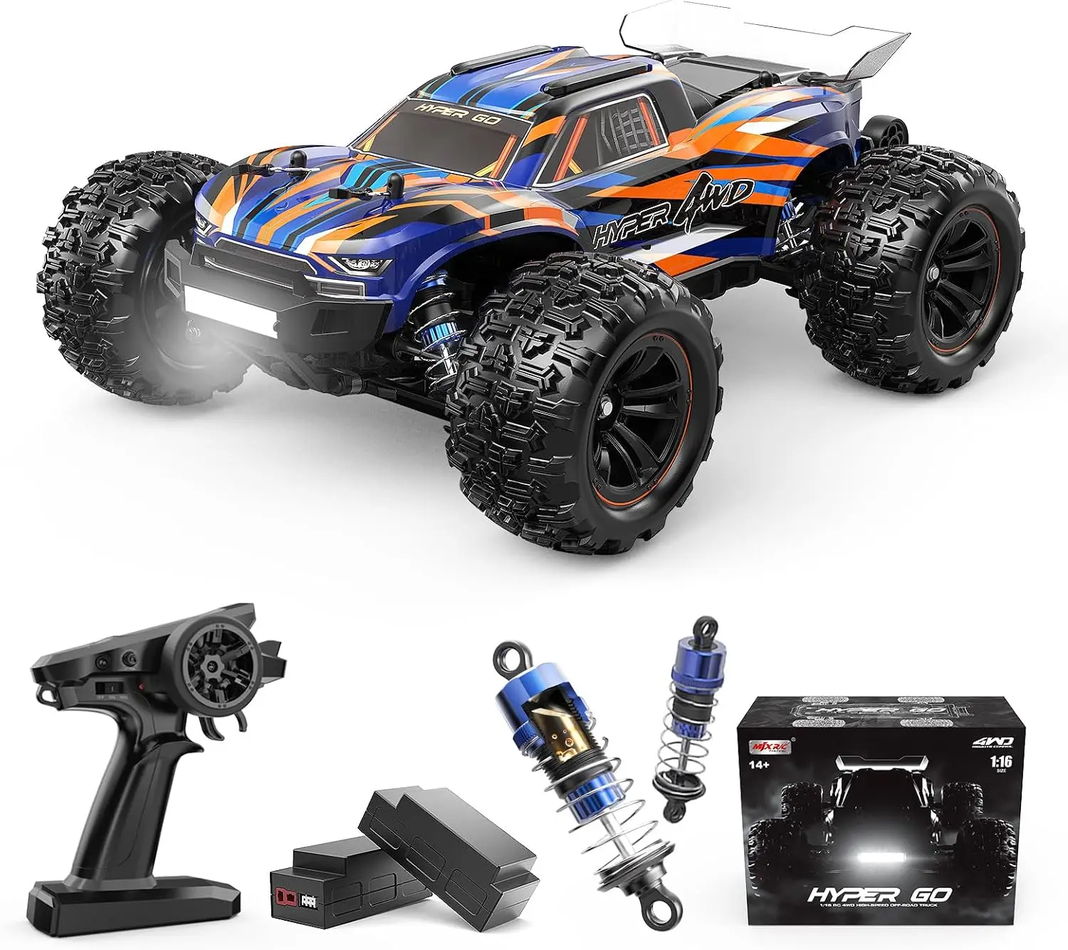 1:16 Scale Ready-to-Run High Speed Remote Control Monster Truck, 4WD Off Road RC Car, All Terrain RTR RC Truck with Jumping Function and 2 LiPo Batteries for Boys and Adults