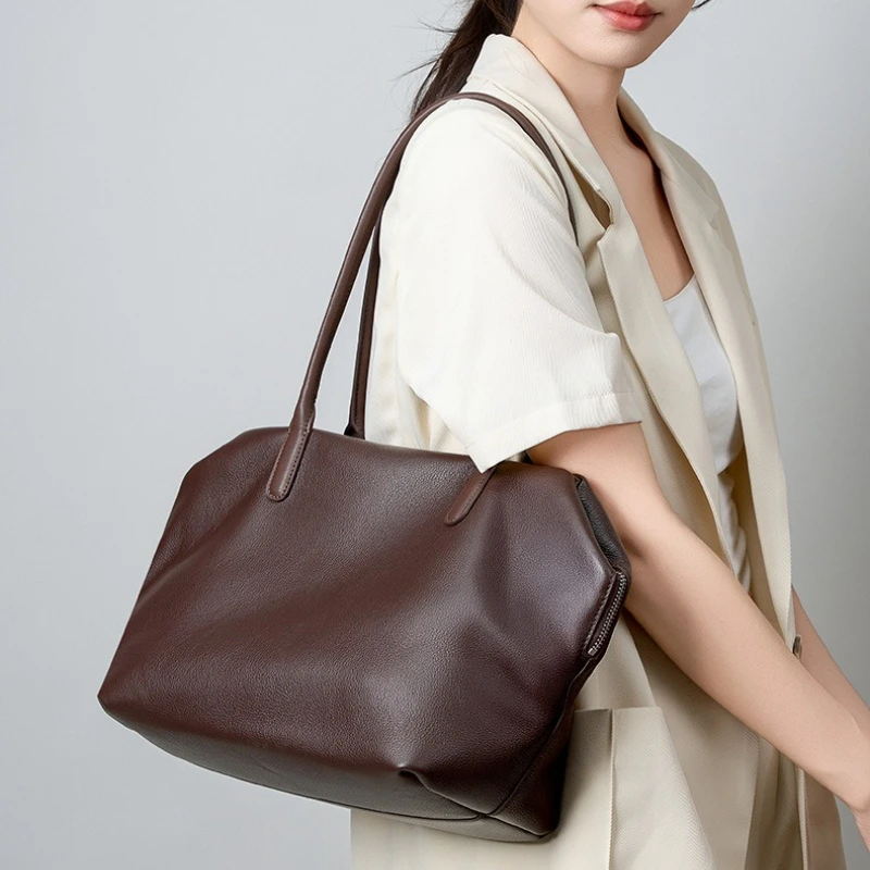 

Niche Light Luxury Women First-layer Cowhide Underarm Bag Minimalist Loose Lazy Single Shoulder Bags Simple Commuter Handbags
