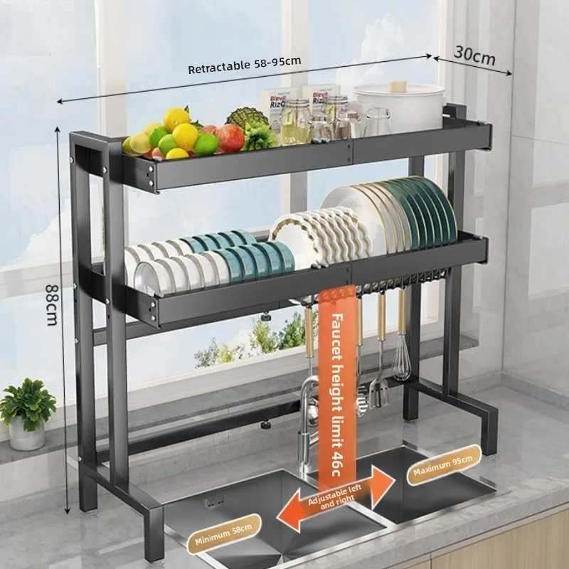قابل للتعديل حوض الفولاذ المقاوم للصدأ رف تجفيف الأطباق الثقيلة توسيع منظم المطبخ كونترتوب إدارة الفضاء بالوعة واحدة