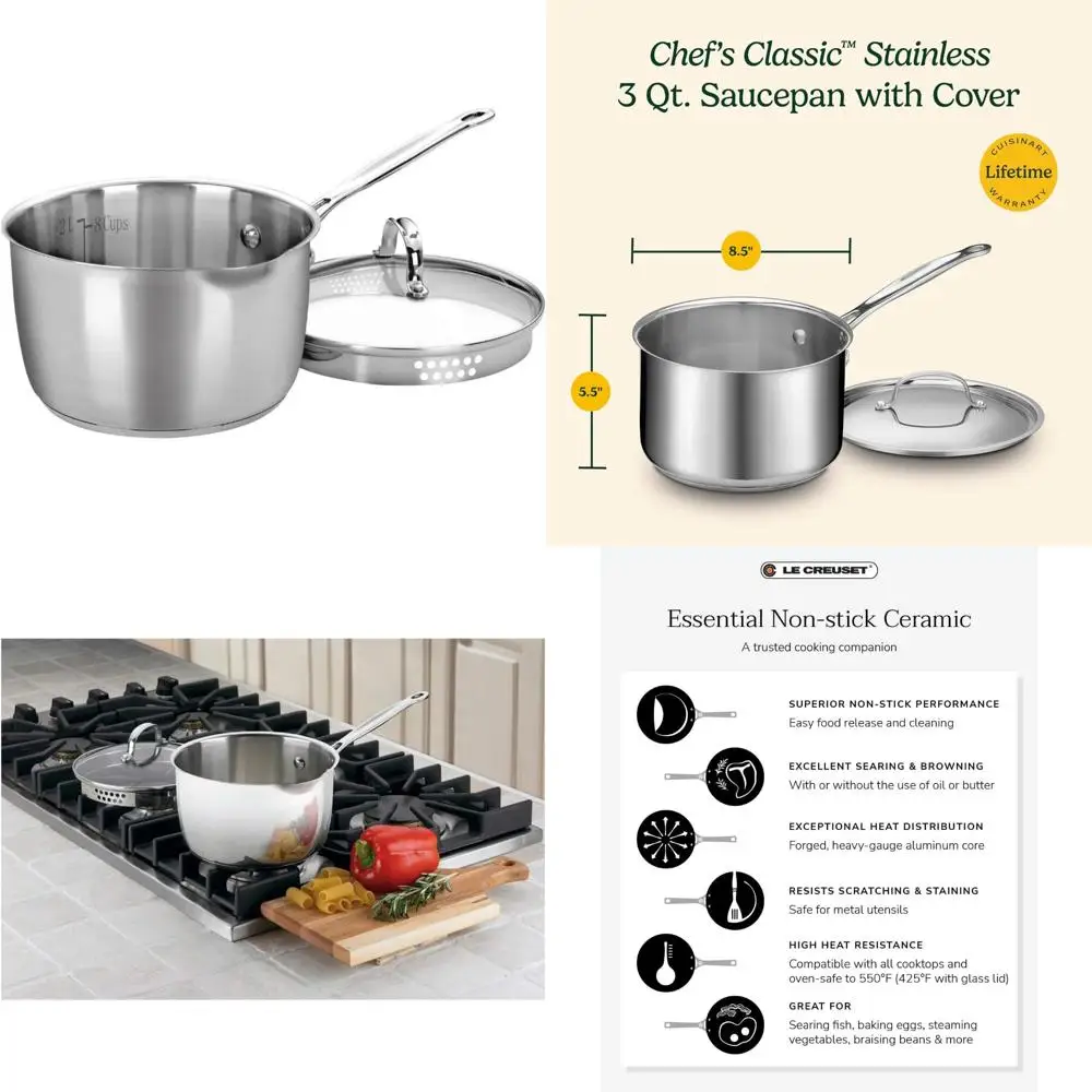 

Stainless Steel 3-Quart Chef's Classic Cook and Pour Saucepan with Lid for Kitchen Use, Ideal for Making Sauces and Pouring