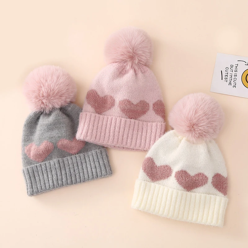 Winter Baby Knitted Hat Cute Heart Jacquard Beanie Cap for Newborn Girls Boys Beanies Autumn Warm Infant Toddler Crochet Hats