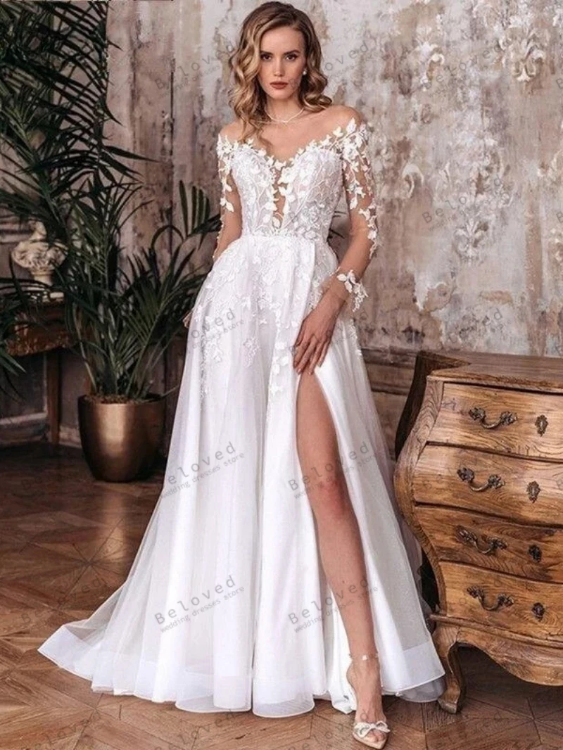 Vintage Wedding Dresses A-Line Bridal Gowns Lace Appliques Sexy High Slit Backless Robes For Formal Party 2024 Vestidos De Novia