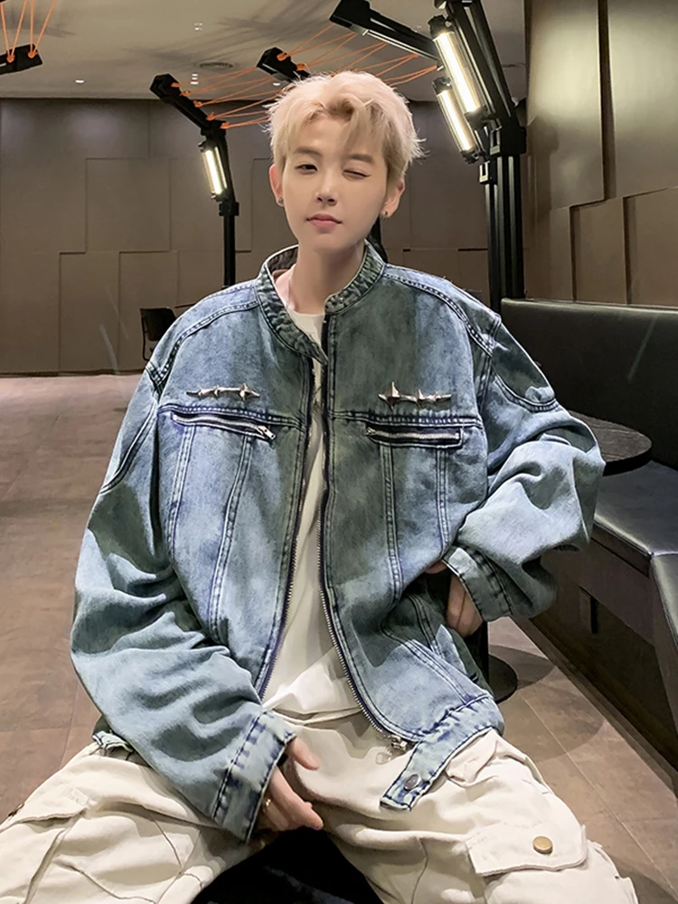 

Джинсовая куртка унисекс укороченного фасона с металлической молнией, свободного кроя, для весны и осени, для молодежи, стиль CleanFit, без воротника