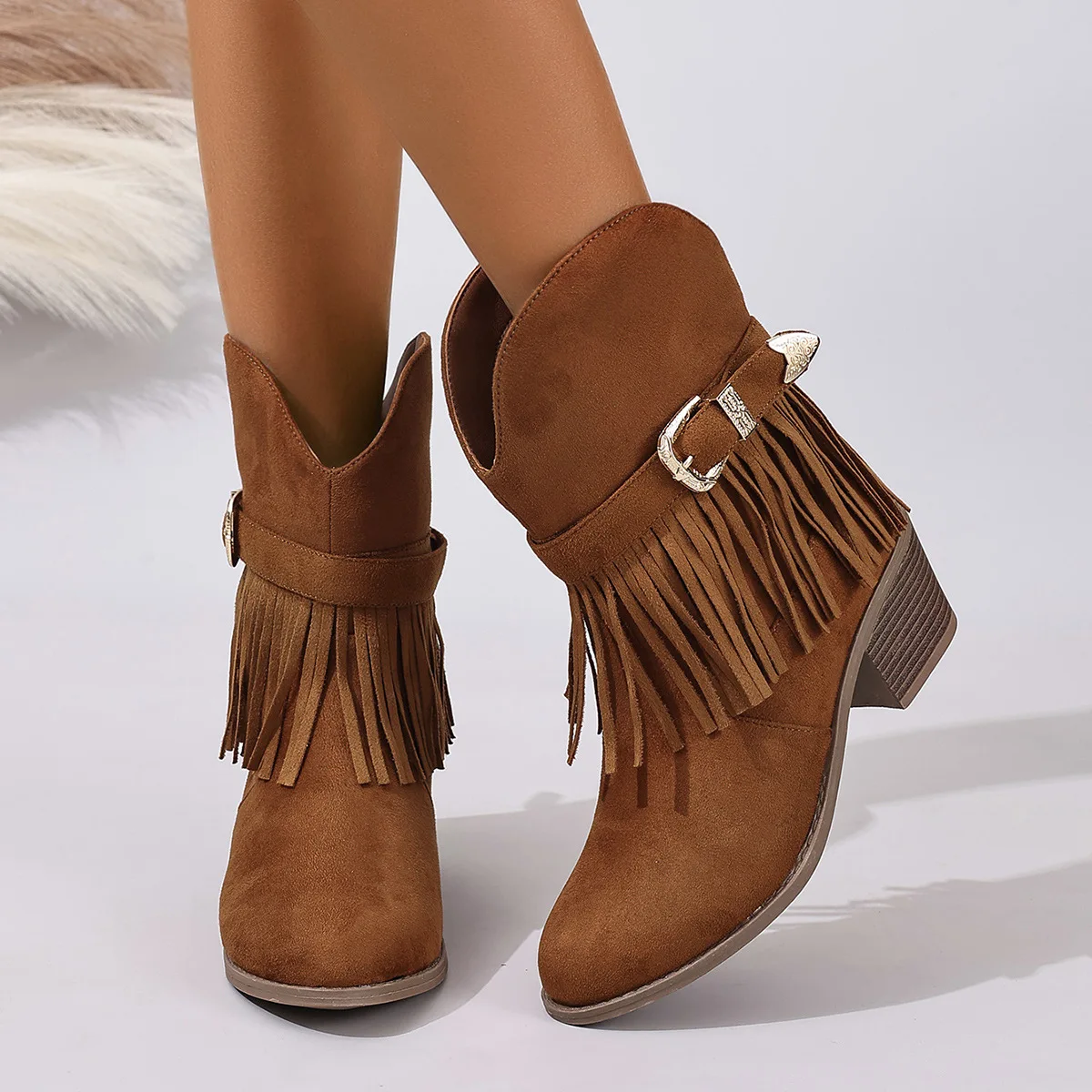 Vintage Ladies Western Boots Tassel Fringe Buckle Chunky Heel Suede Ankle Boots for Party