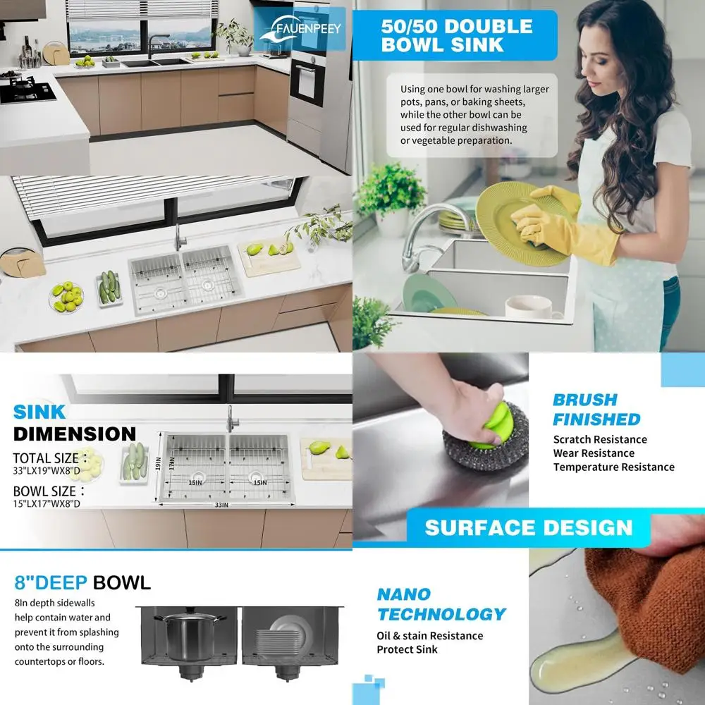 

Кухонная мойка из нержавеющей стали с двумя чашами 50/50, 33x19x8 дюймов, большая, с силиконовым ковриком и клипсами для легкой установки