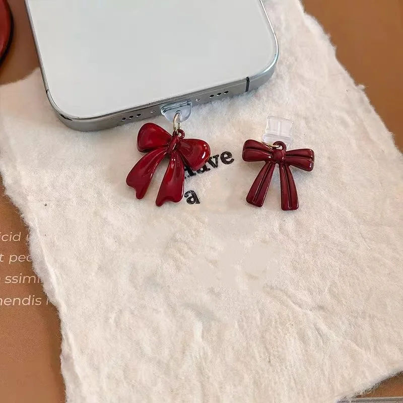 

Alloy Angora Red Bow Phone Dust Plug Accessories Decoration Hanging Pendant for IPhone for Type-C Charging Port