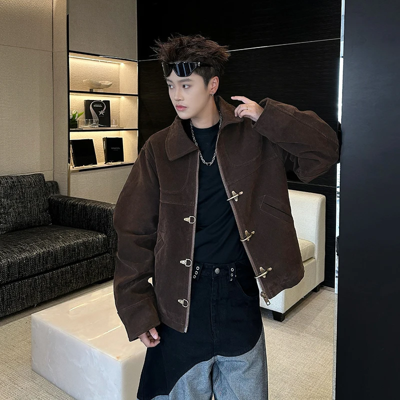 WTHT vintage men's spliced deconstruct solid color coats fashion high street lapel zipper jackets male 2025 winter 2A2582