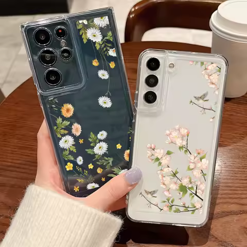 Flowers Print Case For Samsung Galaxy A14 A34 A55 A56 A53 A54 A36 A25 A15 S25 S23 S24 Ultra S22 Plus S24 FE Clear Silicone Cover