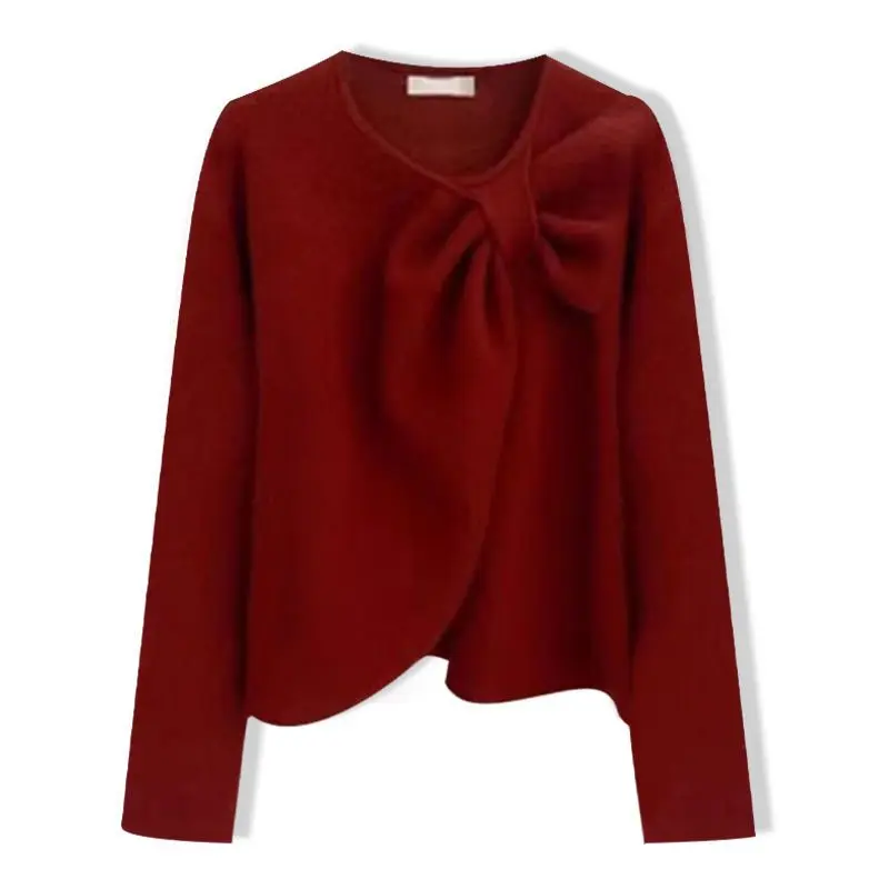 Autumn Elegant Gentle Style Outfits Women\'s 2023 New Vintage Wine Red Bow Sweater High Neck Slim Dress Two Piece Set Fashion