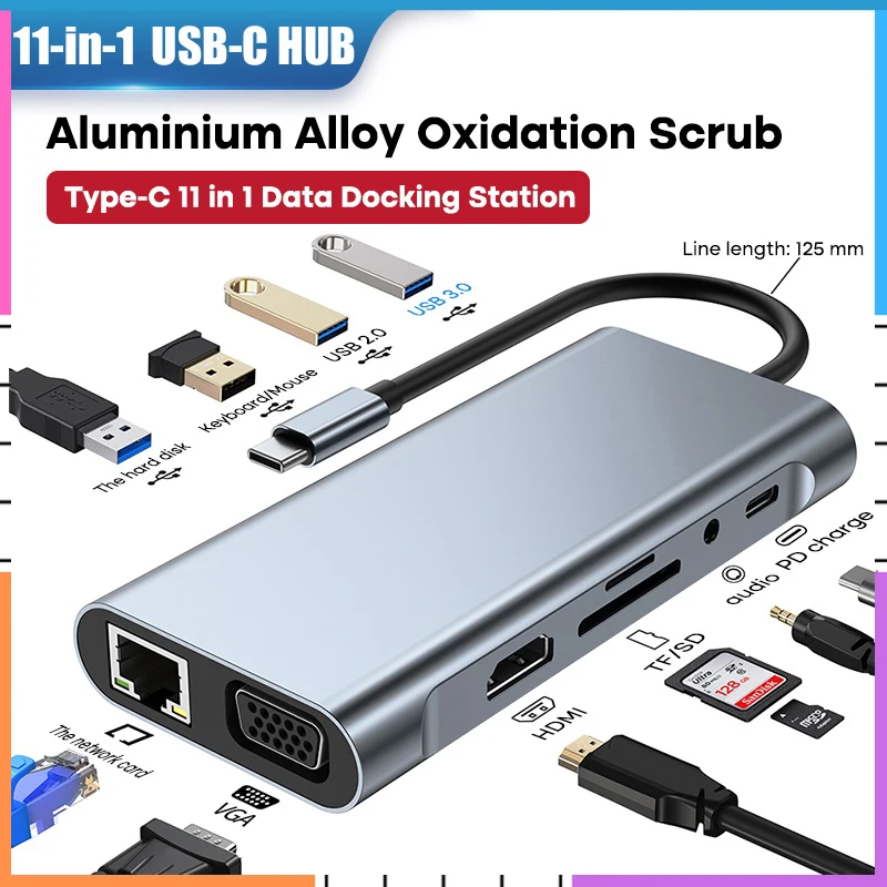 

11 in 1 USB C HUB Laptop Docking Station Type C Dock HDMI PD 3.0 USB RJ45 VGA PD AUX TF/SD Card Reader Adapter Spli