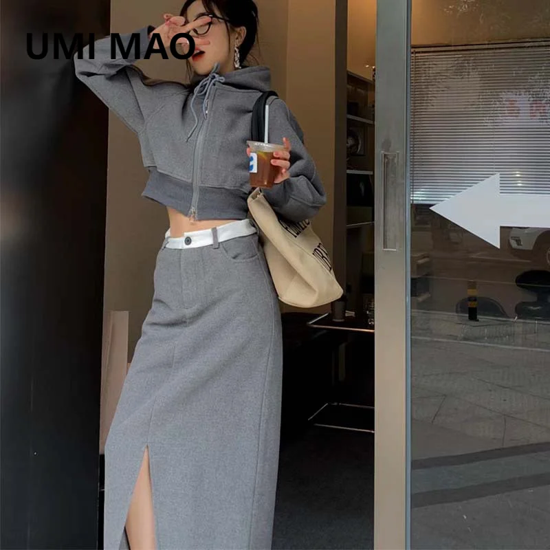 UMI MAO Hooded Zipper Sweater Coat High Waist Wrap Hip Mid Length Split Skirt Casual Two Piece Set