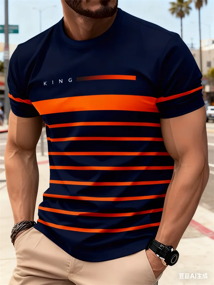 

Fashion Colorful Stripes Men's T-shirt 3D Letter Printed Crew Neck Short Sleeve Tees Summer Street Daily Trend Men Clothing Tops