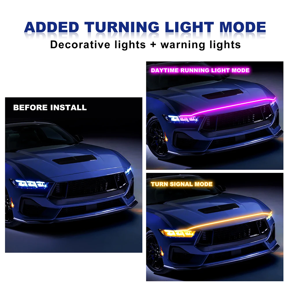 Decorative Headlights Ambient Lamp Pink LED Car Hood Atmosphere Lght Strip Waterproof Exterior Decoration Lighting 12V Universal