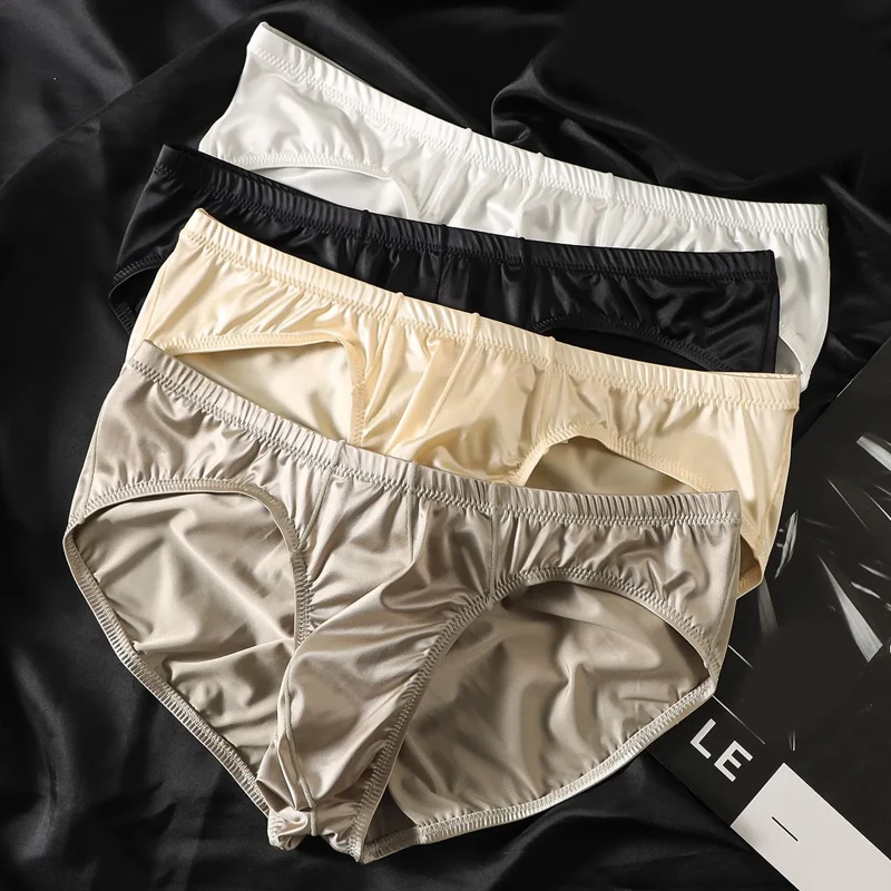 4pcs Mens Briefs Shinny Satin Low-rise Sexy Underwear Bulge Pouch Smooth Cool Solid Elasticity Underpants Breathable Panties view 5