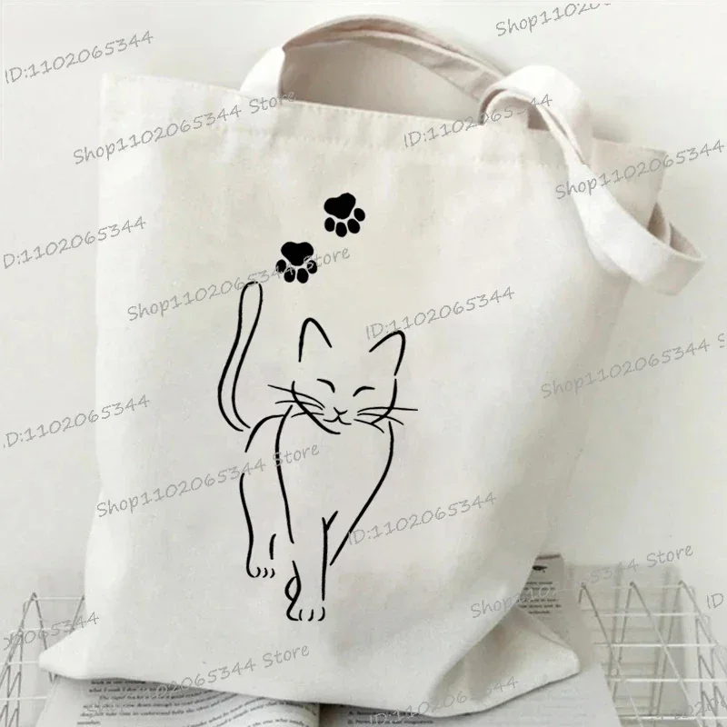 Fashion Canvas Tote Bag Cup of Black Cat Print Large Capacity Teen Shoulder Shopping Bag Cartoon Fashion Kitten Women\'s Handbags