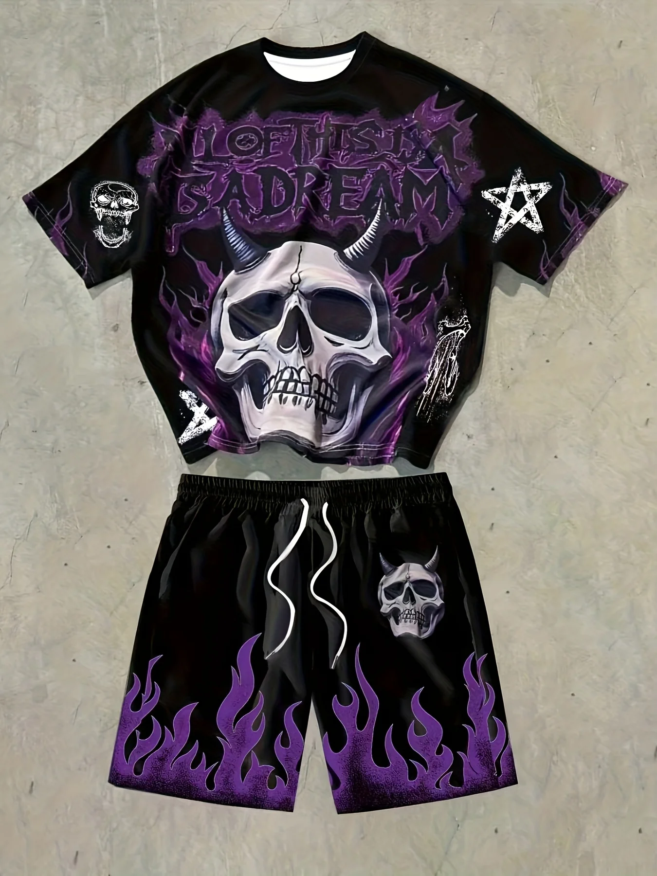 

Hot selling men's new skull letter print comfortable and breathable round neck T-shirt shorts set outdoor fashion clothing