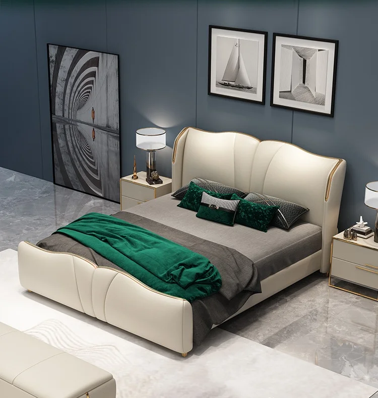！@Modern Luxury Metal Bed Leather Double Bed Designs with Revolving Storage Features Space-Saving King Size Bedroom Furniture