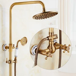 Luxury NEW Bathroom Surface Mount Brass Rainfall Shower Faucet Set Antique Brass with Handshower + Tub Spout + 8
