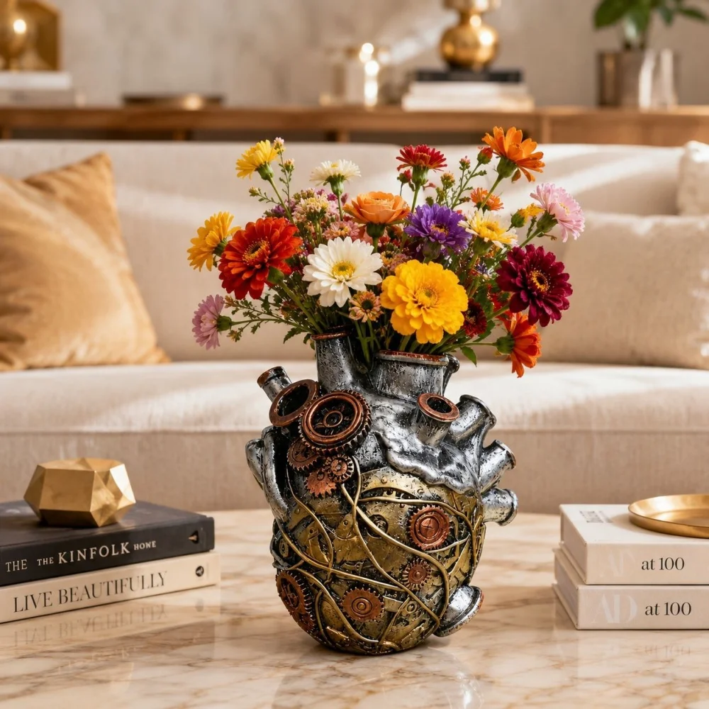 Creative Mechanical Heart Vase - Retro Steampunk Resin Flower Pot-Industrial Style Desktop Decorative for Home Decoration Gift