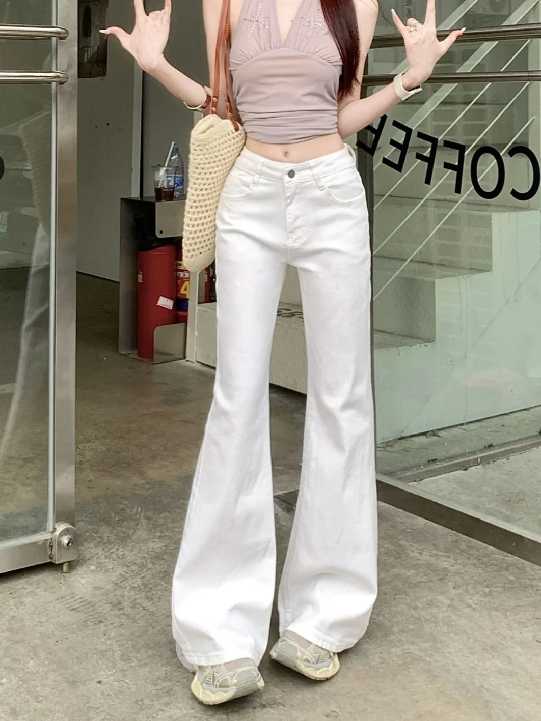 

White High Waist Bell Bot Jeans Women's Slim Fit Drapey Slimming Wide Leg Floor Length Pants Casual Wear Summer New Sle