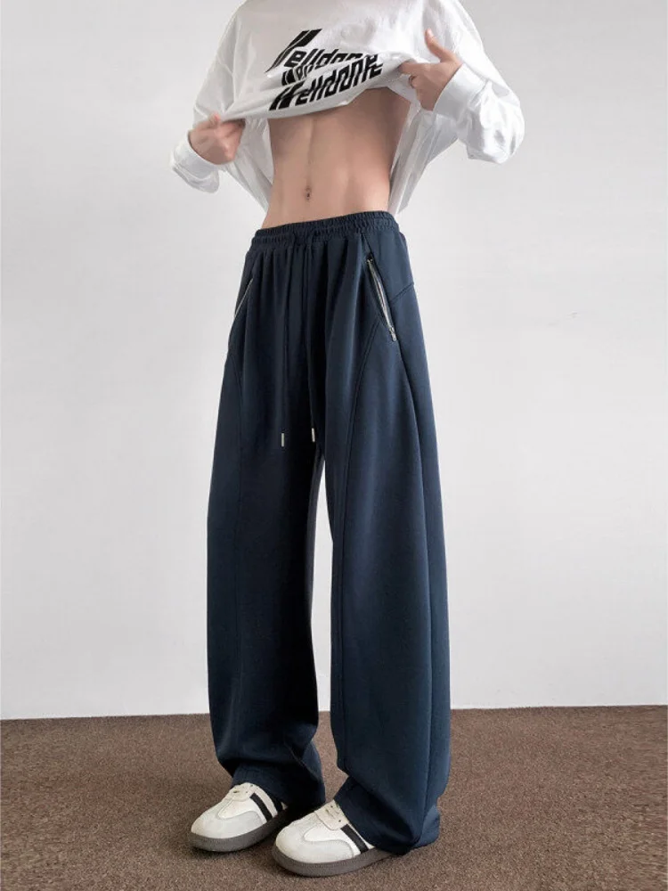 

Chic Men's Straight Leg Casual Pants in Dark Blue with Knife Detailing Spring Autumn Comfortable Slimming Drapey Wide Leg