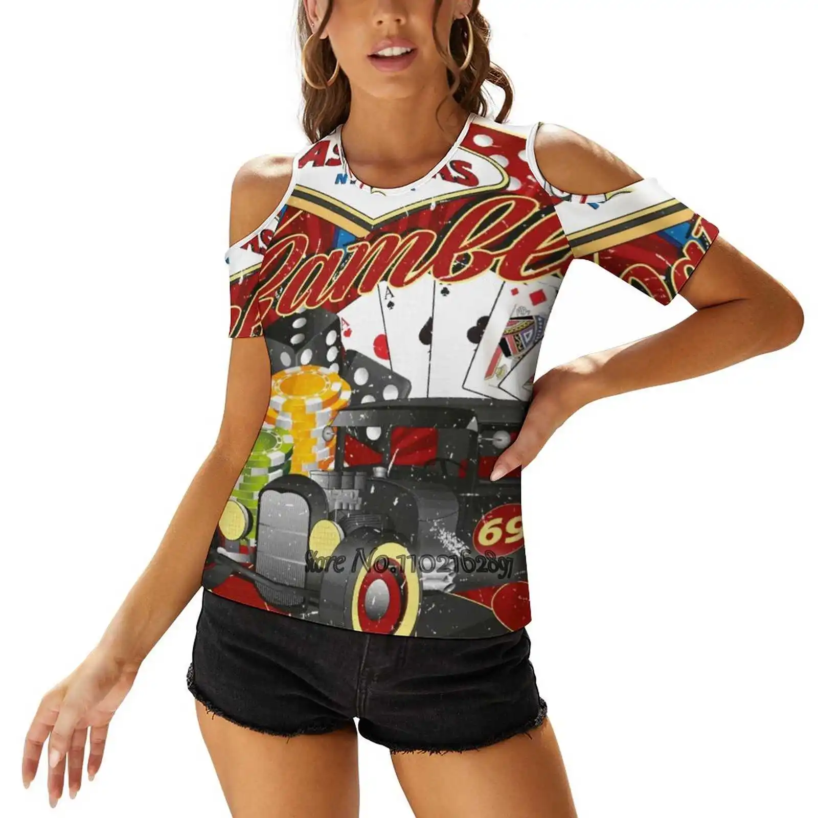 Gambler Hot Rod Women T-Shirt Back Lacing Sexy T Shirts Hollow Out Pullover Top Las Vegas Vegas Player Poker Hot Rod Casino