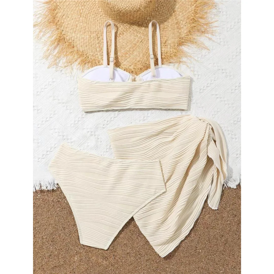 Neu mit Sarong, U-förmiger Bikini mit hoher Taille, Damen-Badeanzug, dreiteiliges Bikini-Set, Badebekleidung, Badeanzug, Schwimmbekleidung V6953 – Detail 11