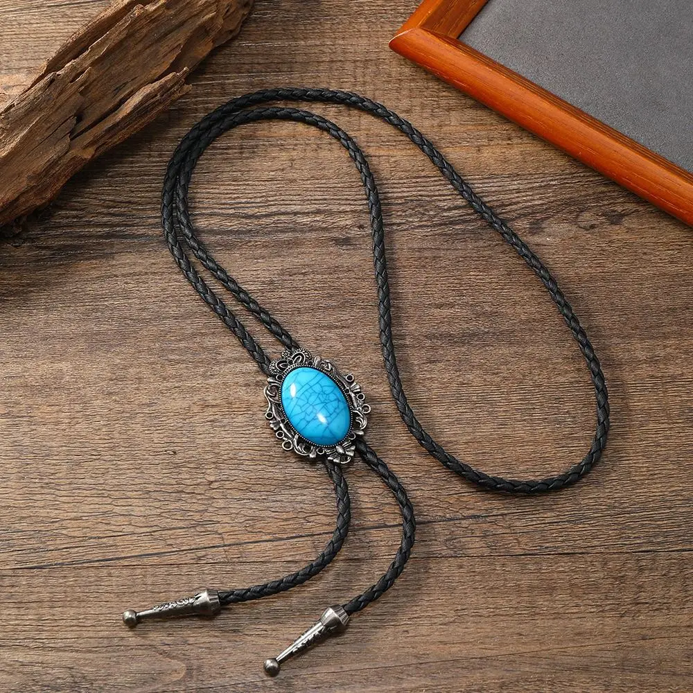Boho American Bolo Necklace Cowboy Hat Pendant PU Woven Turquoises Beaded Necklace Western Country Style Jewelry Accessories