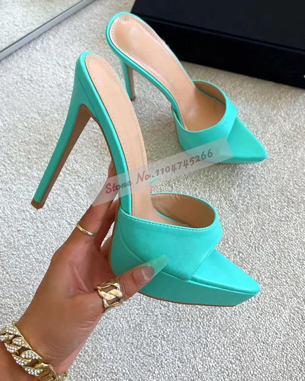 

Turquoise Matte Thin High Heel Mules Pointed Toe Platform Slip-On Modern Slippers Coffee Brown Elegant Dress Sandals