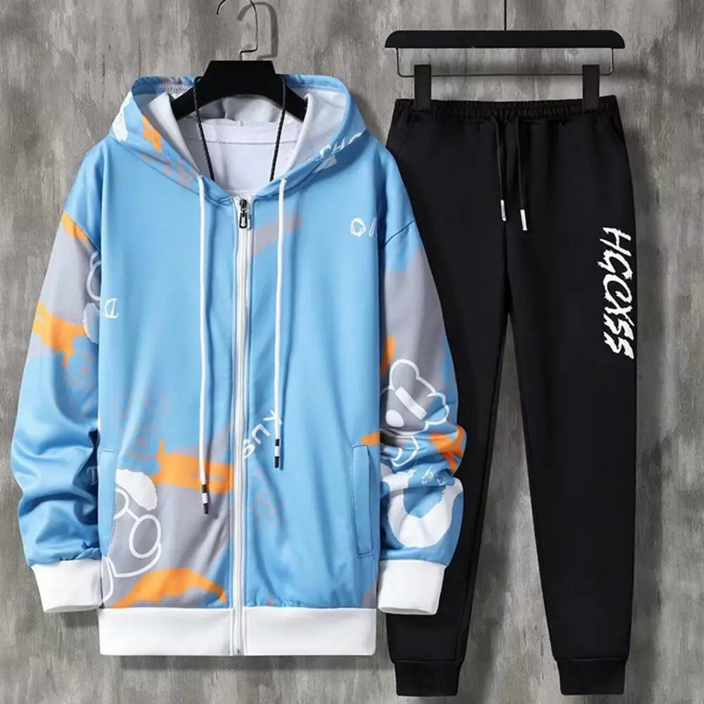 2 Pcs/Set Men Coat Pants Suit Hooded Letter Print Drawstring Loose Jogging Set Hip Hop Ankle-banded Men Sportwear Tracksuit