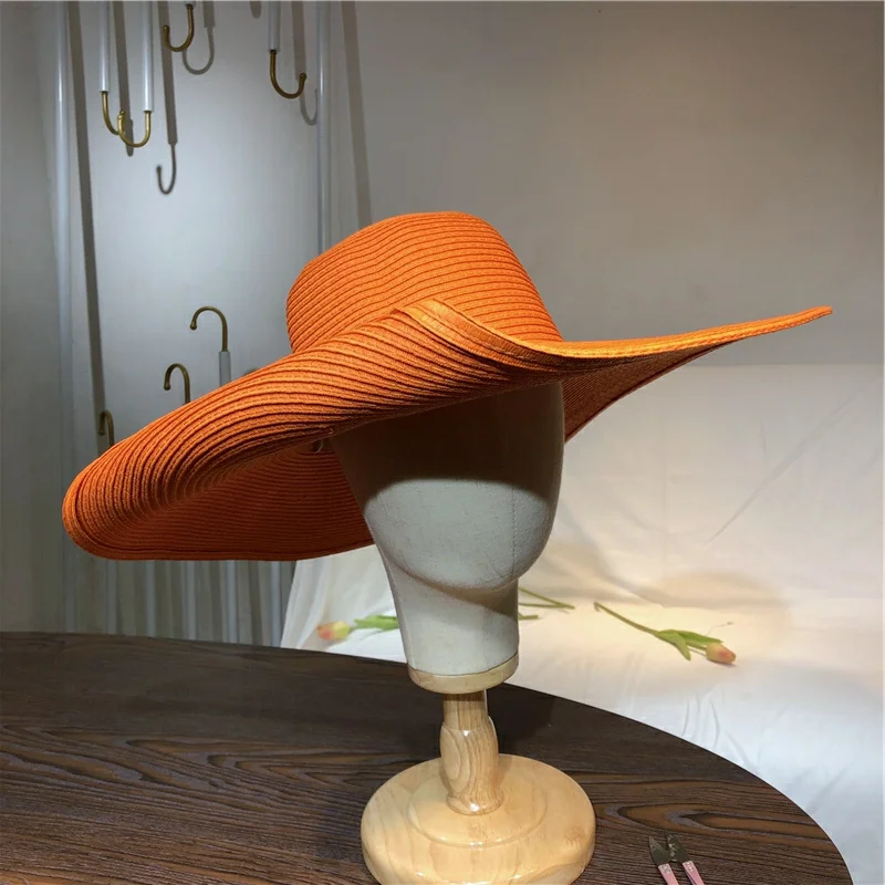 Orange straw hat 25cm super big brim hat Retail sun hat Ultra thin breathable summer sun hat straw hat Travel men and women