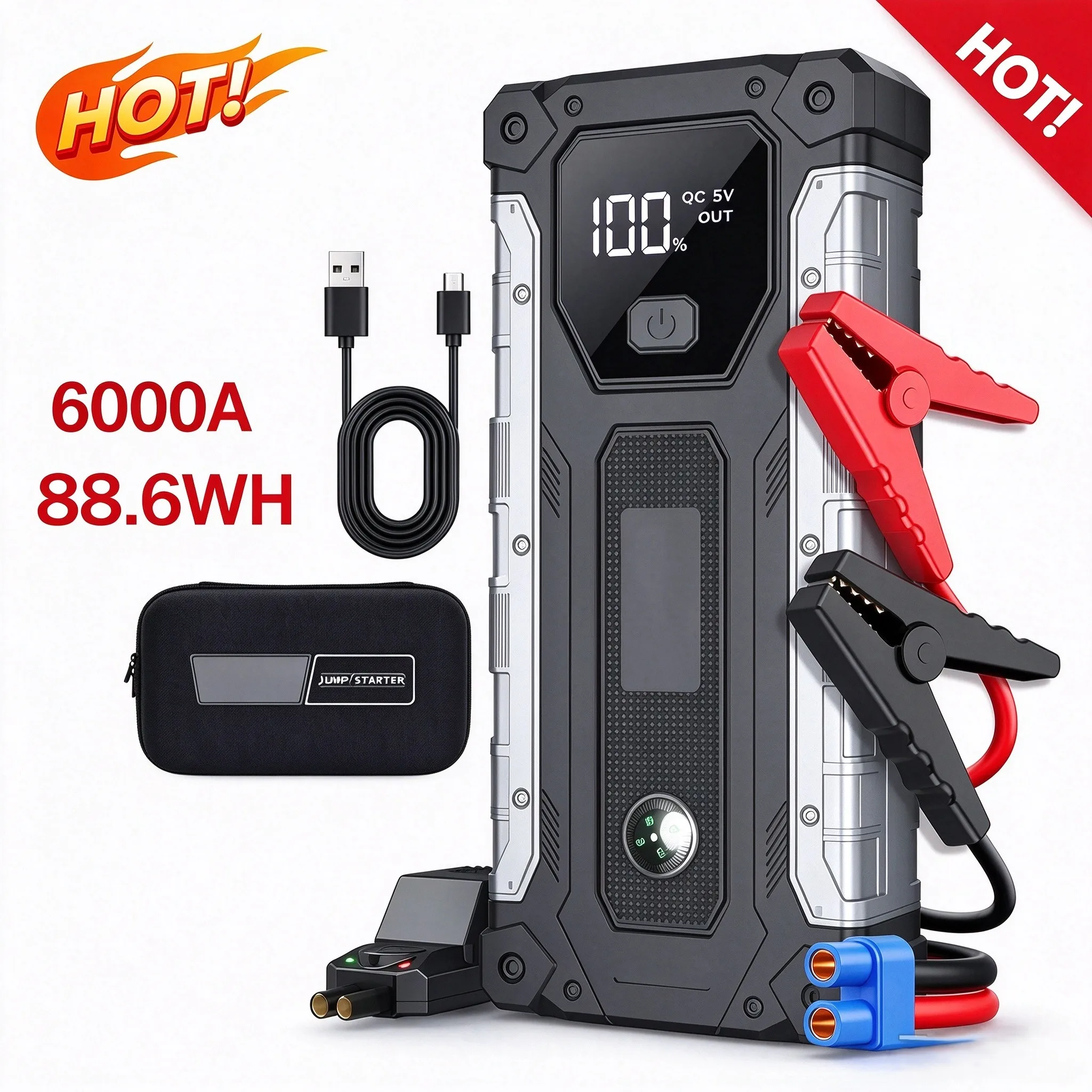 6000A Car Jump Starter Power Bank 12V – Emergency Booster for SUV, Truck, Petrol & Diesel with LED Flashlight & Dual USB Charger