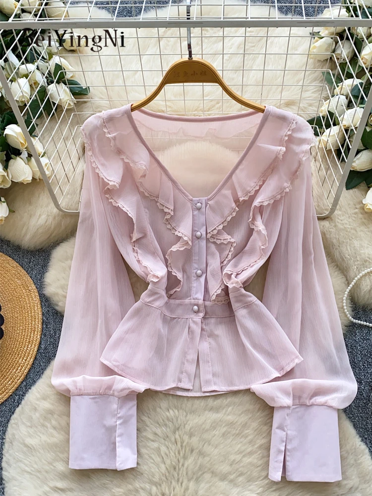 

Beiyingni, женские розовые элегантные рубашки, весна-осень 2021, однобортные блузки с оборками, женские шифоновые шикарные блузки Kpop для поездок на работу