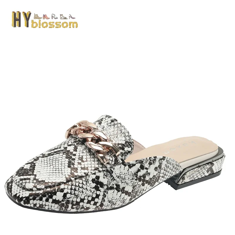 2022 Snake Prints Chain Mules Women Slides Square Toe Shoes Classic Fashion Footwear Plus Large Size 42 43 Slippers Women Shoes