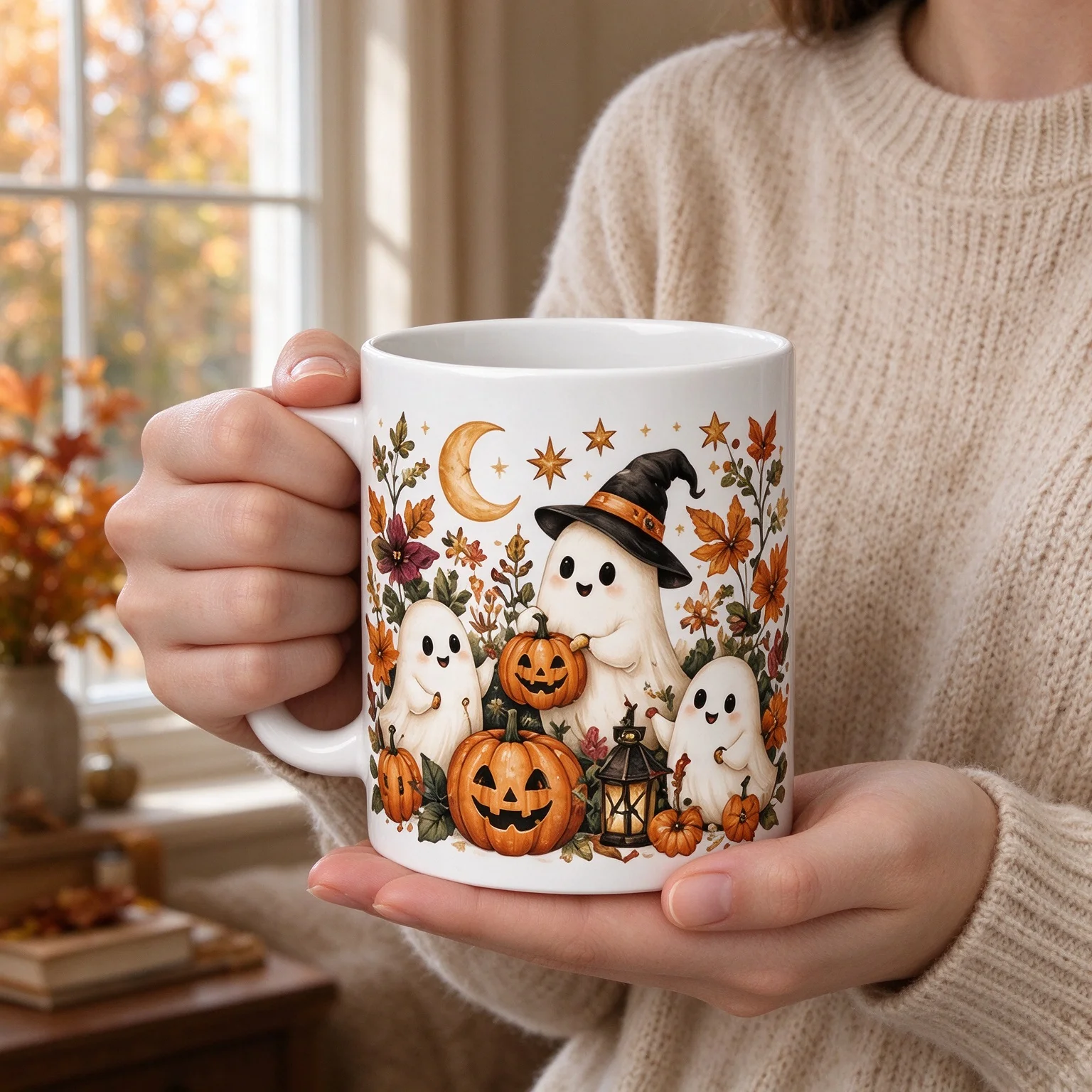 Cute Halloween Ghost Pumpkin Print 11oz Ceramic Coffee Mug Fall Floral Crescent Moon Water Cup Witchy Autumn Home Gift