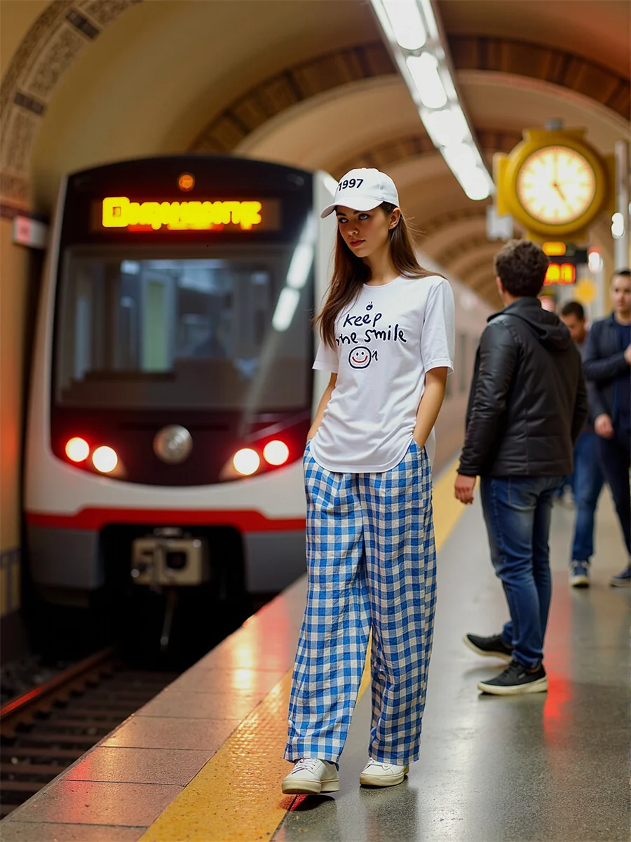 Pantaloni larghi Pantaloni da donna Plaid Colore a contrasto Donna Patchwork Design Vita alta Gamba dritta Casual Streetwear Tendenza moda