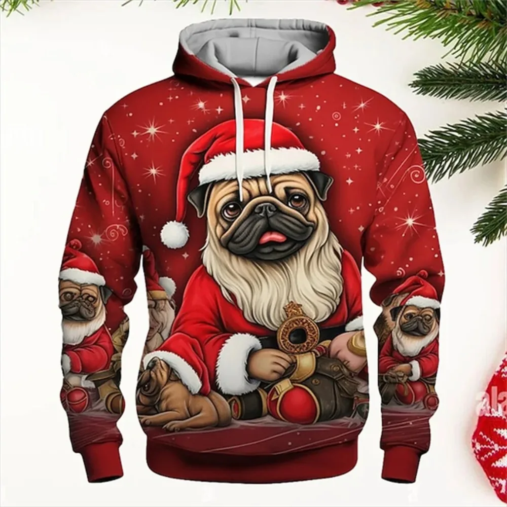 Voor Heren 3D Kerst Hoodies Dier Hond Print Kerst Sweatshirt Met Lange Mouwen Herfst Winter Herenkleding Vakantie Casual Tops