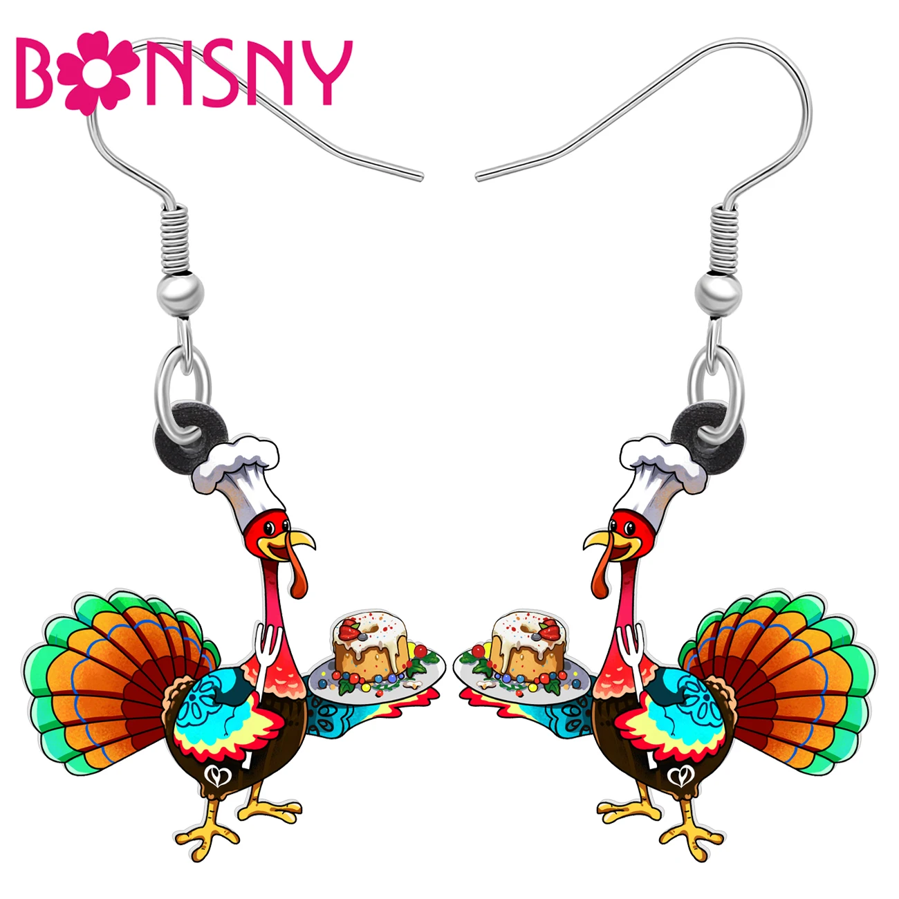 BONSNY Acrylic Thanksgiving Turkey Earrings Cute Chef Chicken Farm Animals Jewelry Thankful Gifts For Women Girls Foodie Charms