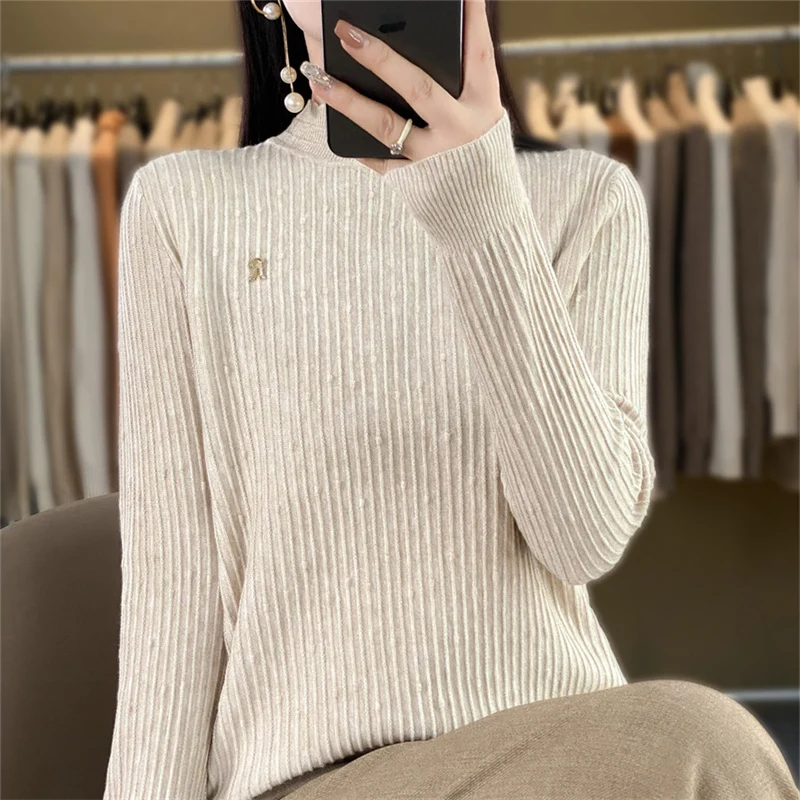 

Women's boutique high-end half high neck sweater knitted cashmere sweater Women's pullover long sleeved new cashmere sweater