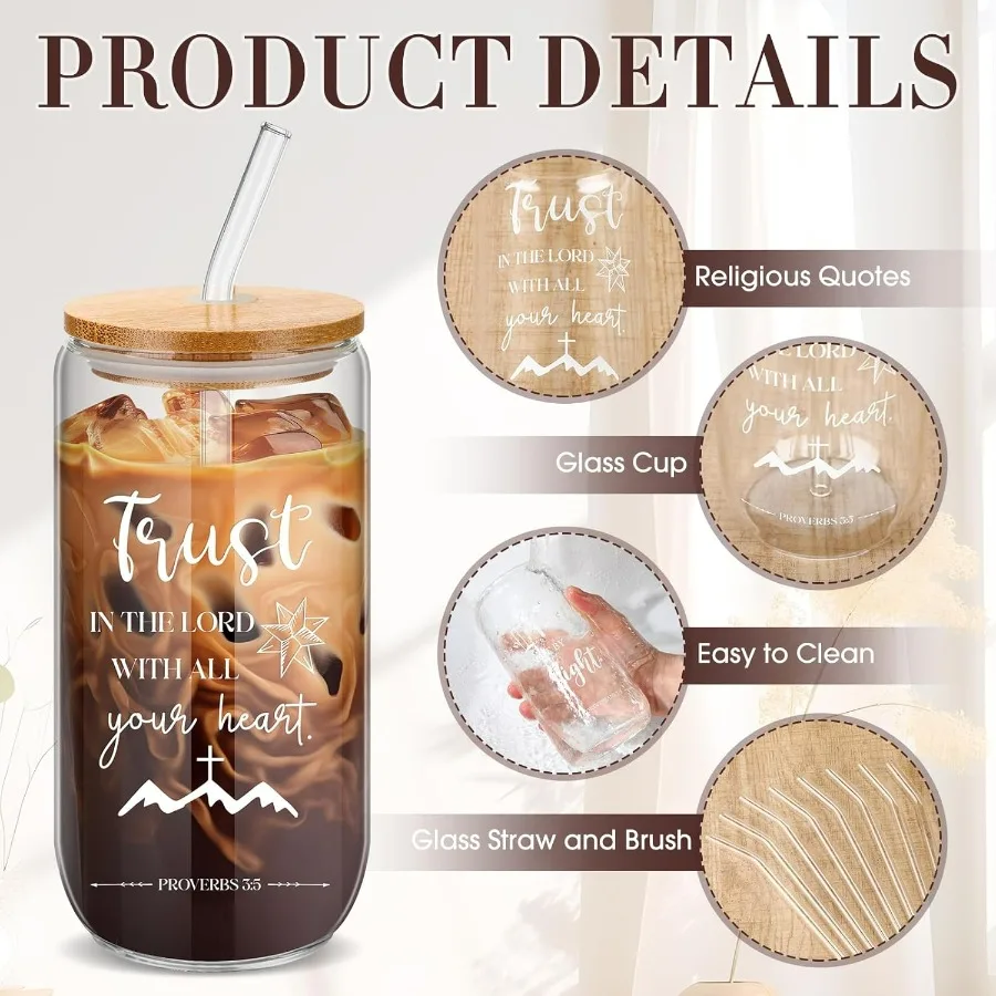 16 Sets Christian Glass Cups with Lids and Straws Brushes 16 oz Iced Coffee Cups for Women Men Coworkers Inspirational Reusable