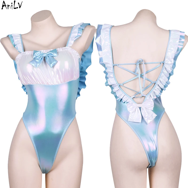 Anilv Kleurrijke Laser Uniform Serie Vrouwen Anime Student Bunny Bodysuit Candy Girl Lolita Jurk Cosplay Kostuum