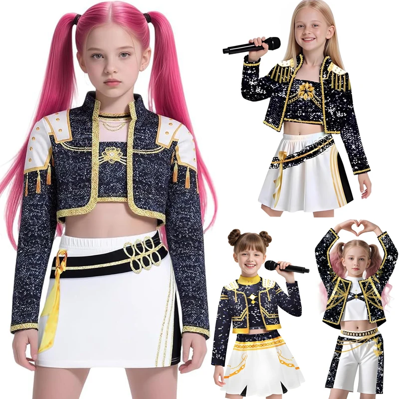 K-POP الشيطان هنتر تأثيري فتاة زي الأطفال البوب المغني ثلاثية الأبعاد مطبوعة ملابس أطفال مجموعة الذهب الأسود فريق الصيد الساحرة