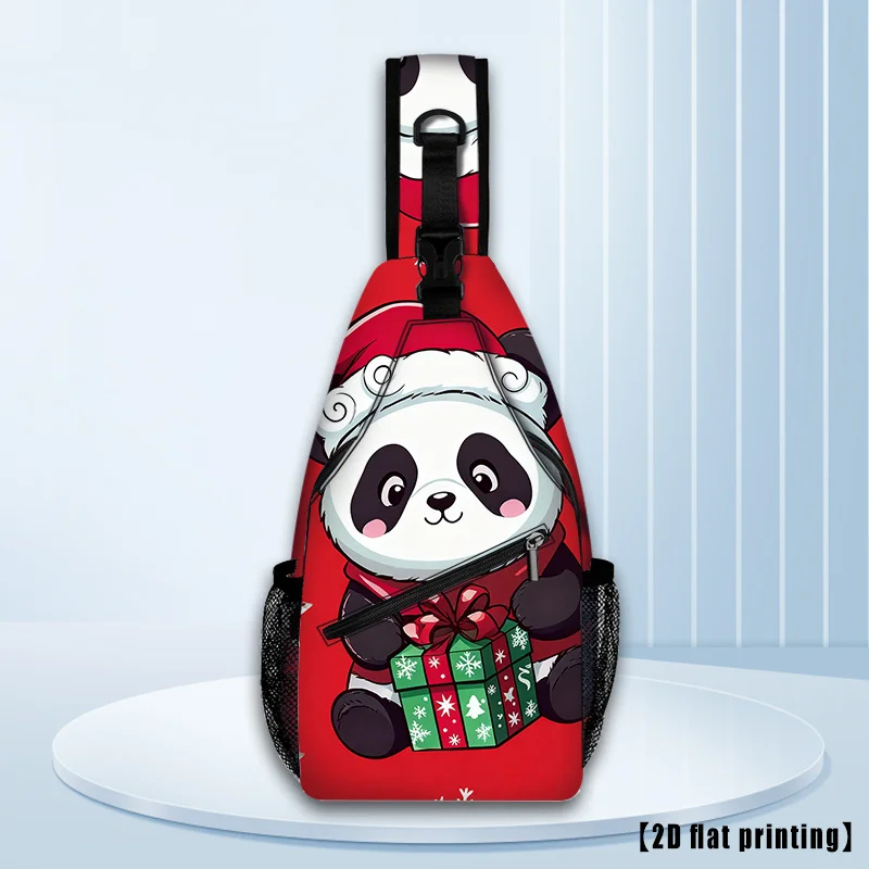 Kawaii Panda Santa Hat Christmas Hiking Crossbody Bag Red/Green 2D Panda Print Adjustable Strap Chest Backpack for Men Women