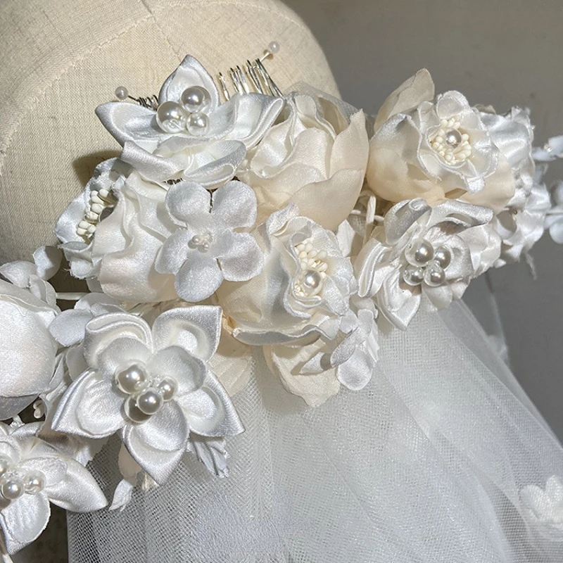 satin bud gradient hair comb floral veil hard yarn modeling wedding head jewelry