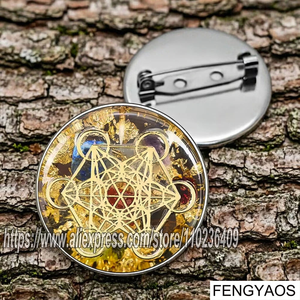Stainless Steel Sacred Geometry Metatron Cube Orgone Brooch Crystal Chips Orgonite Pin Spiritual Healing Energy Badge
